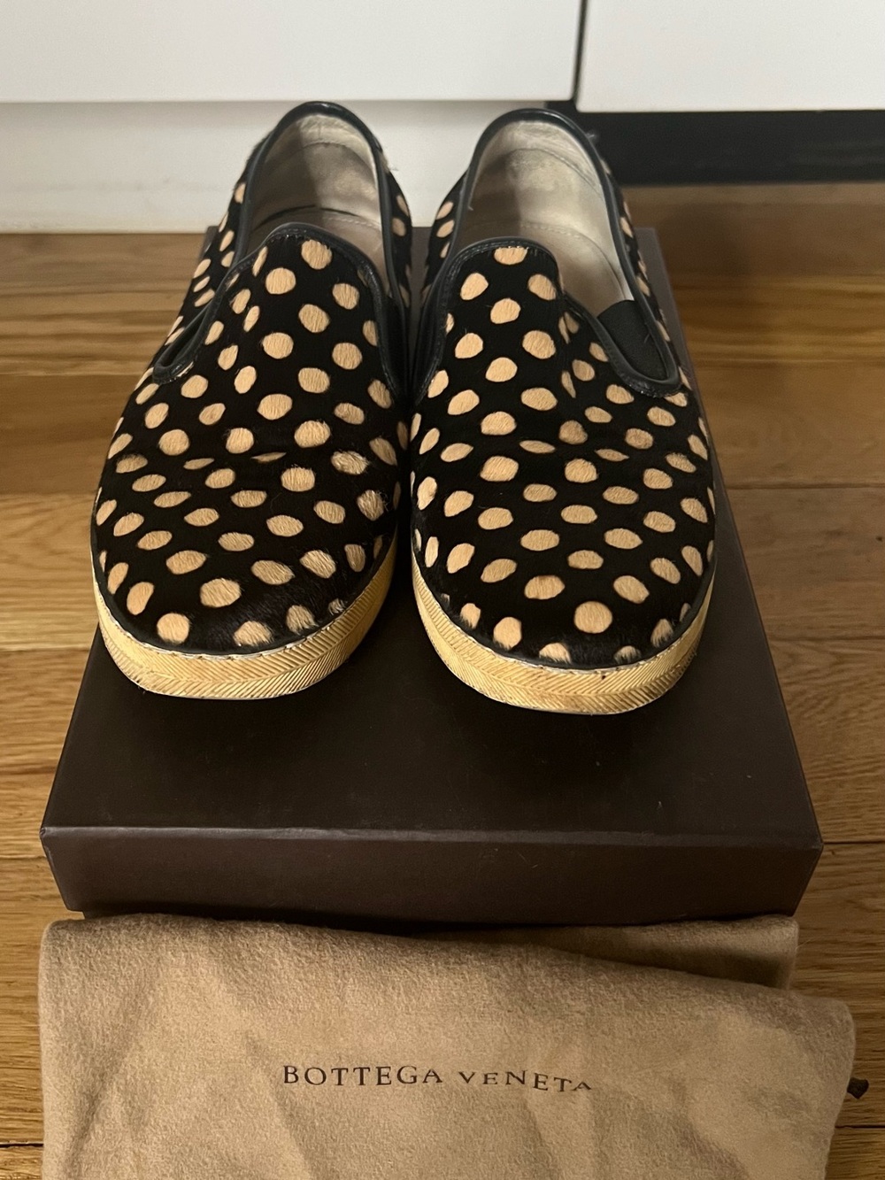 Bottega Veneta Black Slip-On Sneakers with Beige Polka Dots
